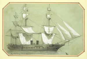 'Warrior', det første britiske krigsskipet av jern, bestilt av regjeringen i 1859 og til sjøs i 1861 (blyant forhøyet med hvitt)